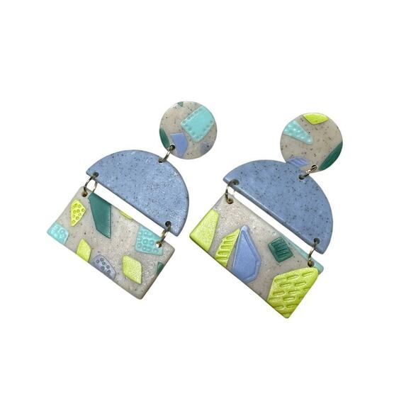 Handmade Geometric Statement Polymer Clay Stud Drop Earrings - Picture 1 of 2